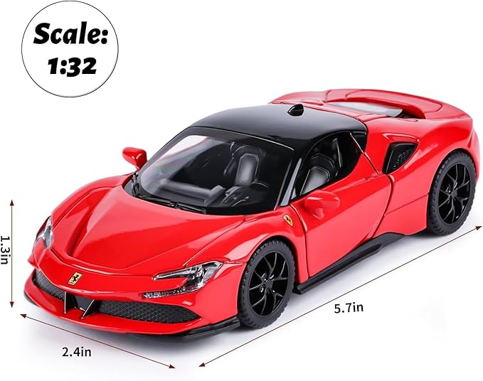 Diecast Red ferari SF90 STRADALE Hardtop Toy Car Scale Model Pull Back Vehicles with Doors openable Alloy Simulation Supercar with Lights and Sound Also for Car Dashboard Kids Adult