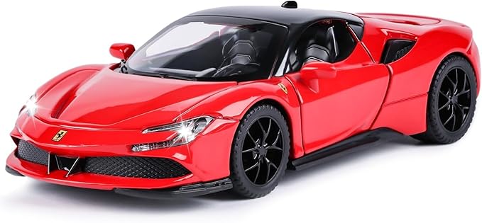 Diecast Red ferari SF90 STRADALE Hardtop Toy Car Scale Model Pull Back Vehicles with Doors openable Alloy Simulation Supercar with Lights and Sound Also for Car Dashboard Kids Adult