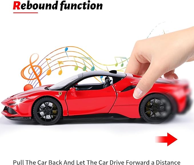 Diecast Red ferari SF90 STRADALE Hardtop Toy Car Scale Model Pull Back Vehicles with Doors openable Alloy Simulation Supercar with Lights and Sound Also for Car Dashboard Kids Adult