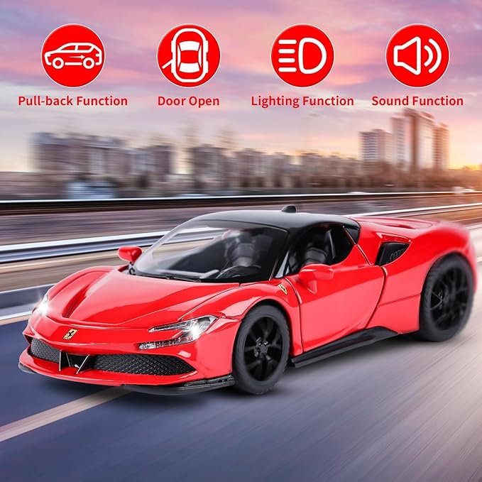 Diecast Red ferari SF90 STRADALE Hardtop Toy Car Scale Model Pull Back Vehicles with Doors openable Alloy Simulation Supercar with Lights and Sound Also for Car Dashboard Kids Adult