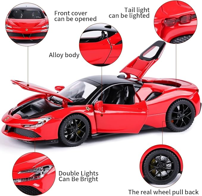 Diecast Red ferari SF90 STRADALE Hardtop Toy Car Scale Model Pull Back Vehicles with Doors openable Alloy Simulation Supercar with Lights and Sound Also for Car Dashboard Kids Adult