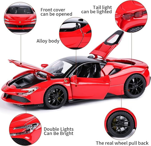 Diecast Red ferari SF90 STRADALE Hardtop Toy Car Scale Model Pull Back Vehicles with Doors openable Alloy Simulation Supercar with Lights and Sound Also for Car Dashboard Kids Adult
